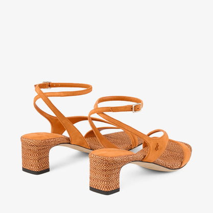 Faye 45 Sunset Orange Suede and Fine Raffia Sandals