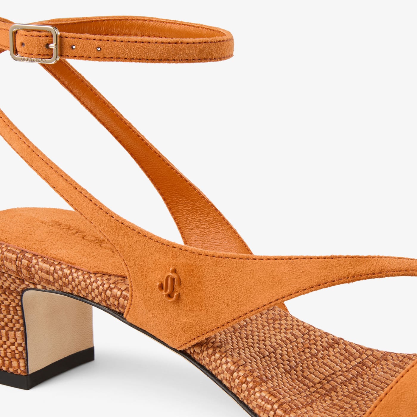 Faye 45 Sunset Orange Suede and Fine Raffia Sandals