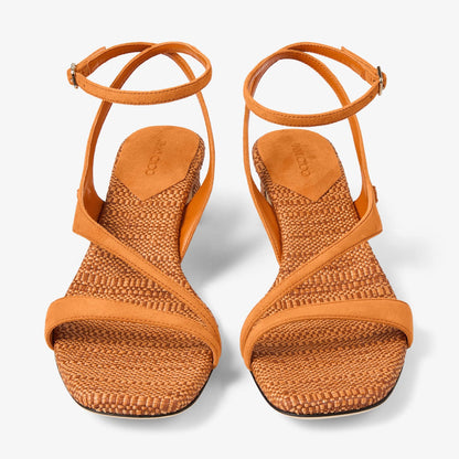 Faye 45 Sunset Orange Suede and Fine Raffia Sandals