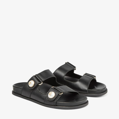 Fayence Sandal Black Leather Flat Sandals with Pearl Embellishment