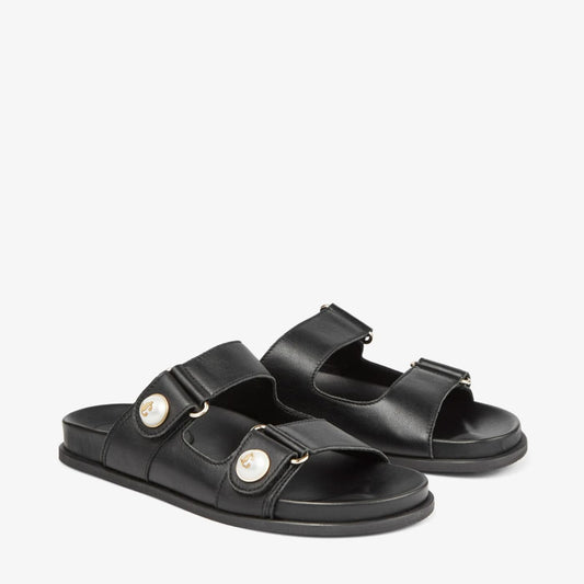 Fayence Sandal Black Leather Flat Sandals with Pearl Embellishment