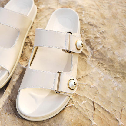 Fayence Sandal Latte Leather Flat Sandals with Pearl Embellishment