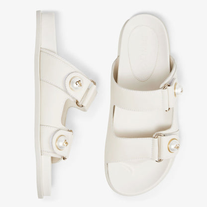 Fayence Sandal Latte Leather Flat Sandals with Pearl Embellishment
