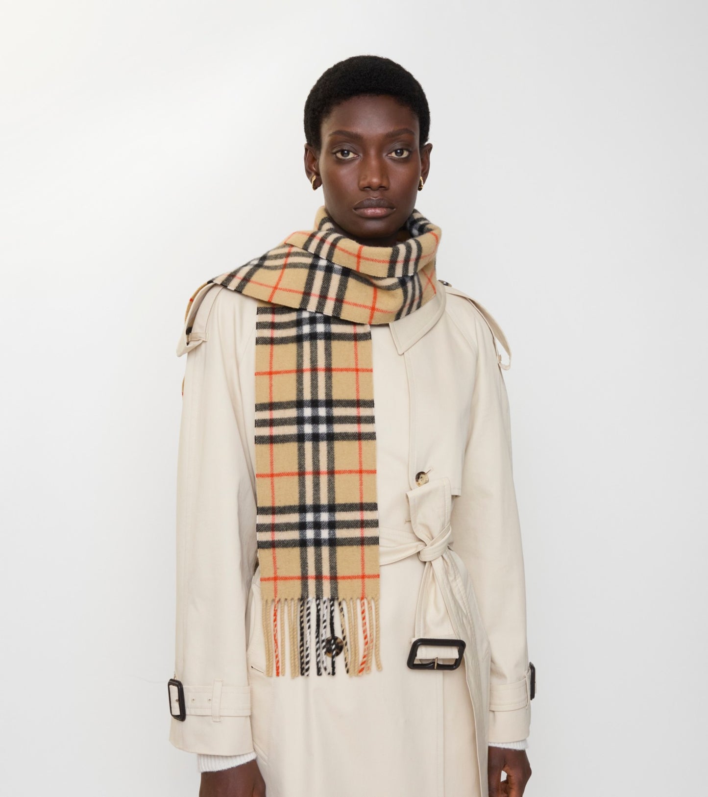 Narrow Check Cashmere Scarf in Sand beige
