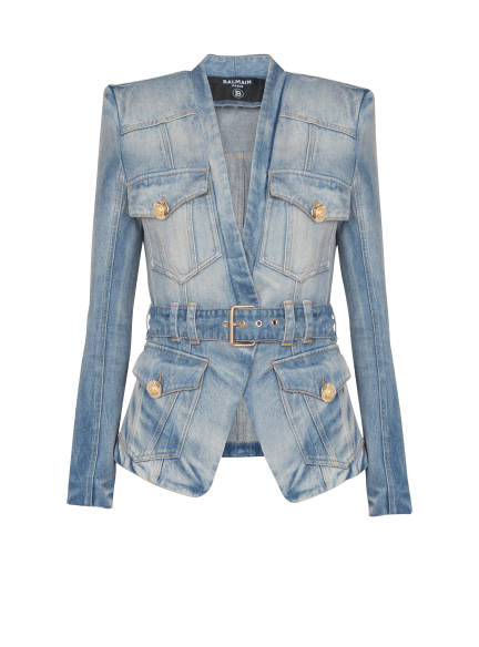 1-button belted denim jacket