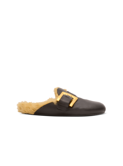 Flat leather and faux fur mules