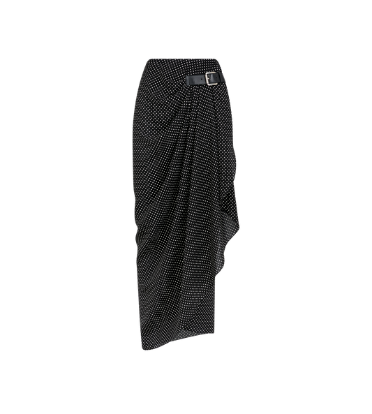 Polka Dot Silk Sable Wrap Skirt With Leather Detail