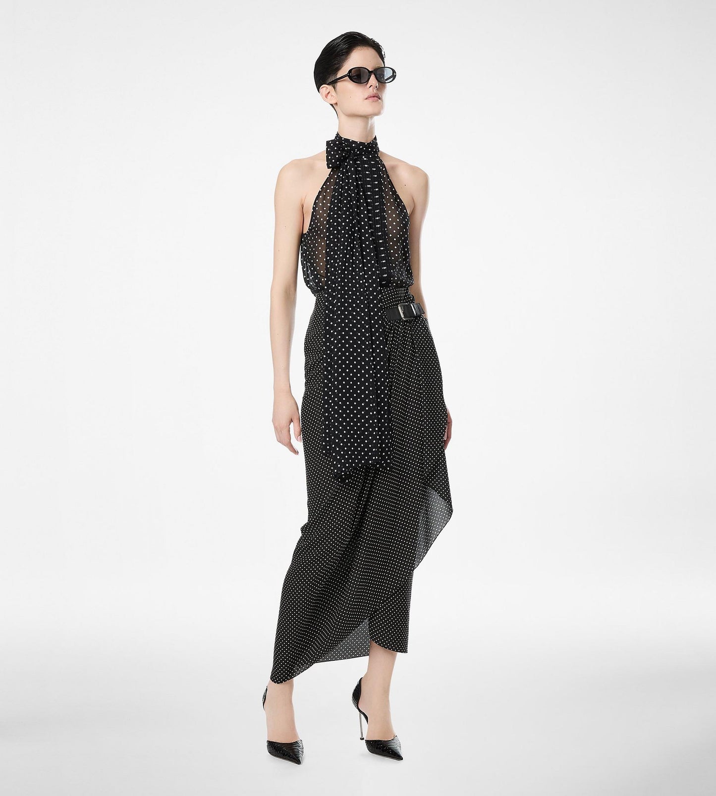 Polka Dot Silk Sable Wrap Skirt With Leather Detail