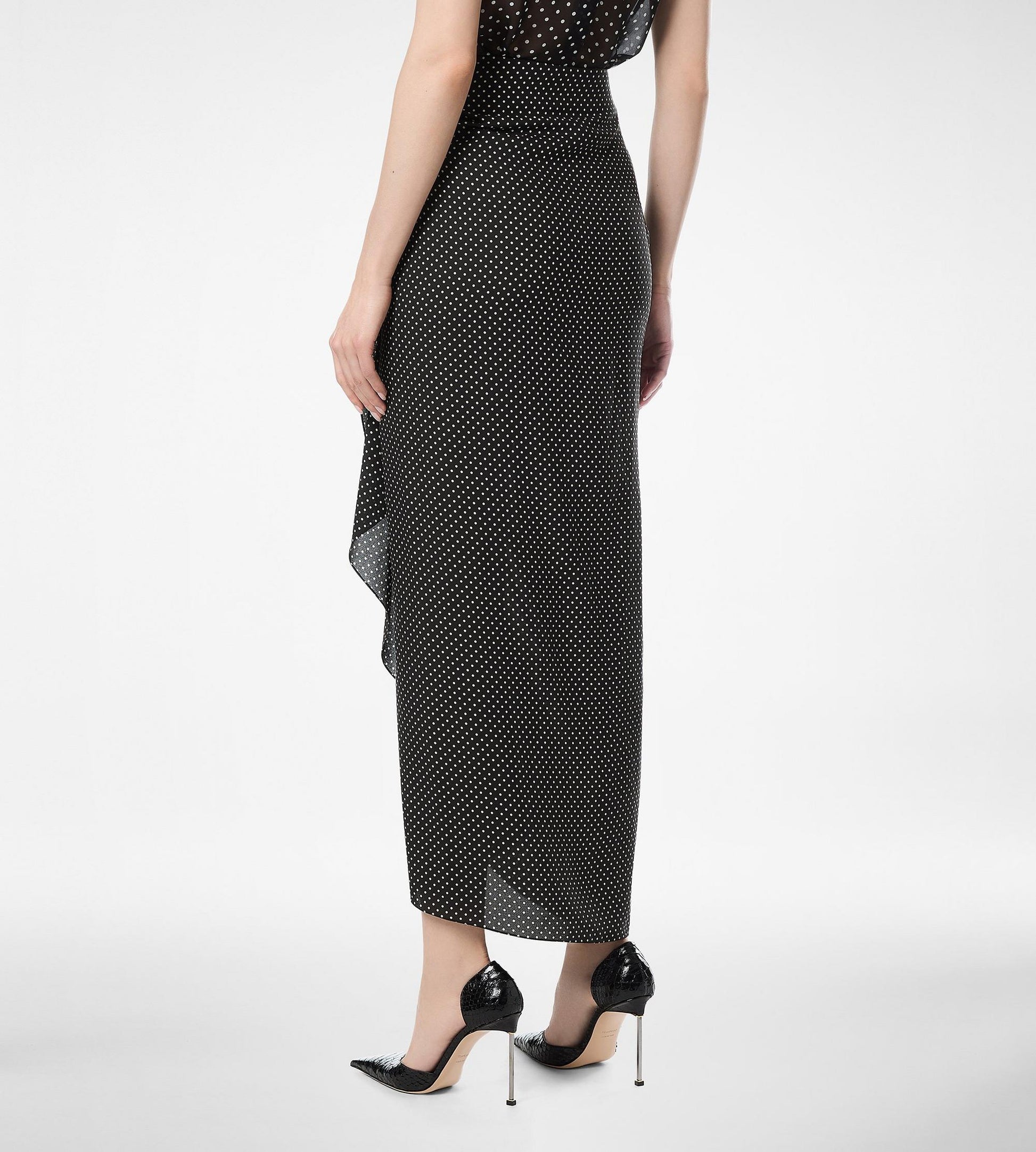 Polka Dot Silk Sable Wrap Skirt With Leather Detail