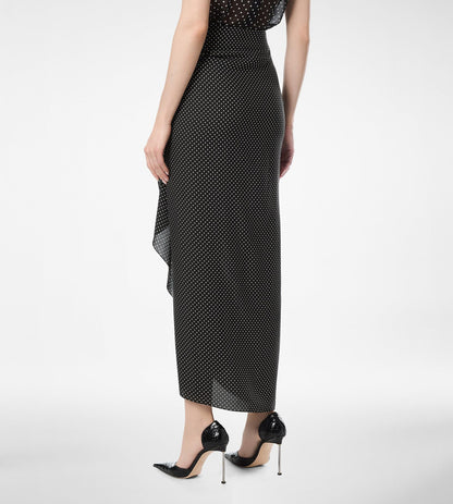 Polka Dot Silk Sable Wrap Skirt With Leather Detail