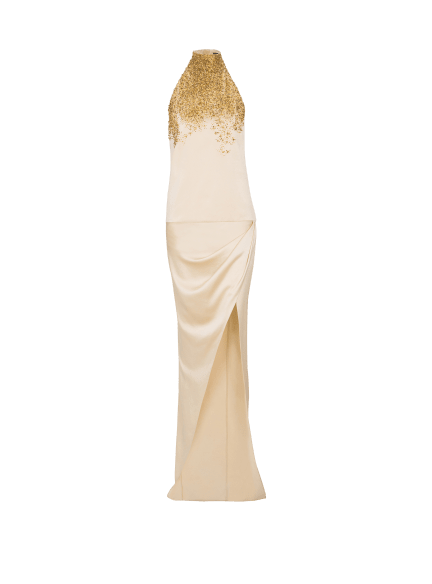 Silk halterneck dress with Sand Effect embroidery