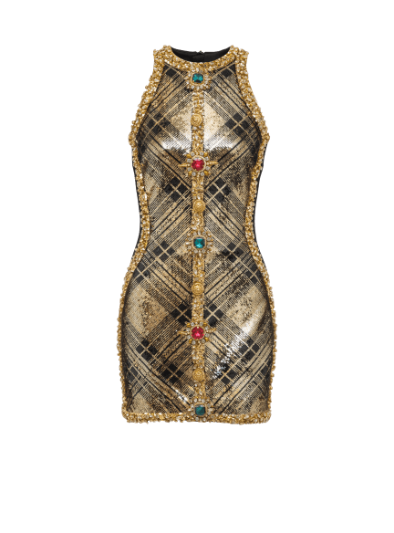 Short sleeveless dress with plaid embroidery