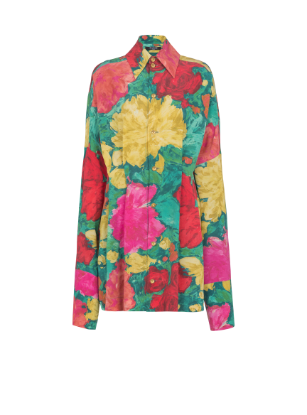 Crepe shirt dress with roses print
