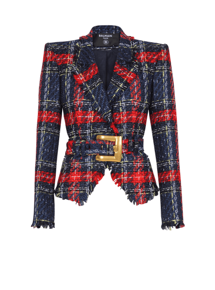 Belted plaid tweed jacket