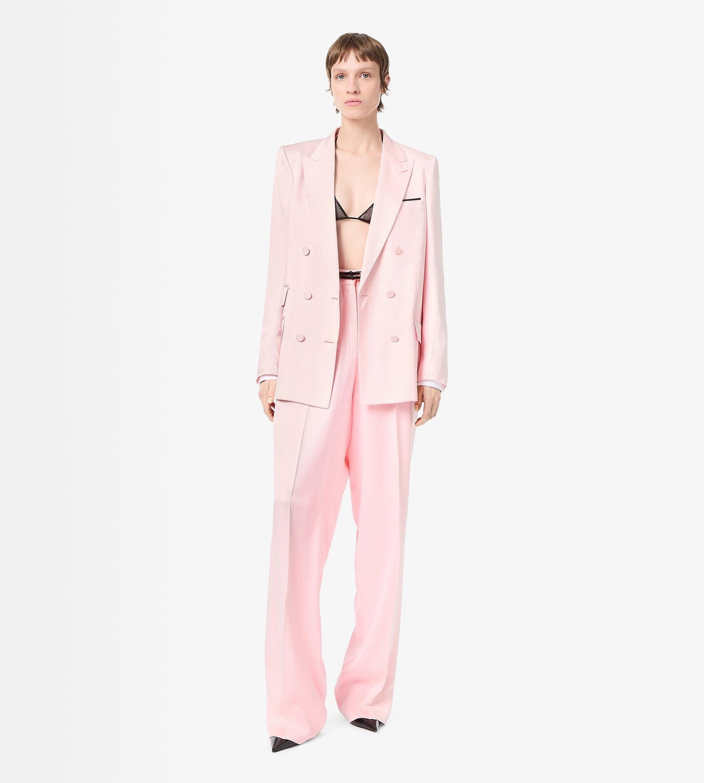 Silk Satin Double Breasted Peak Lapel Jacket