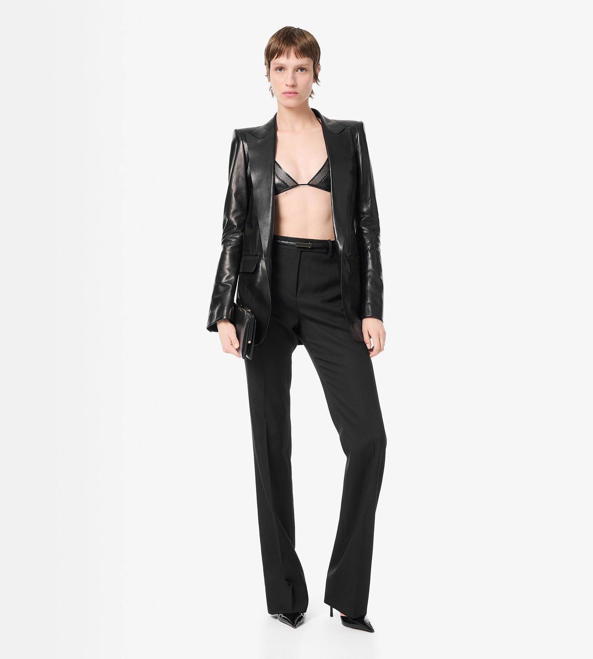 Silky Guanteria Leather Single Breasted Peak Lapel Jacket