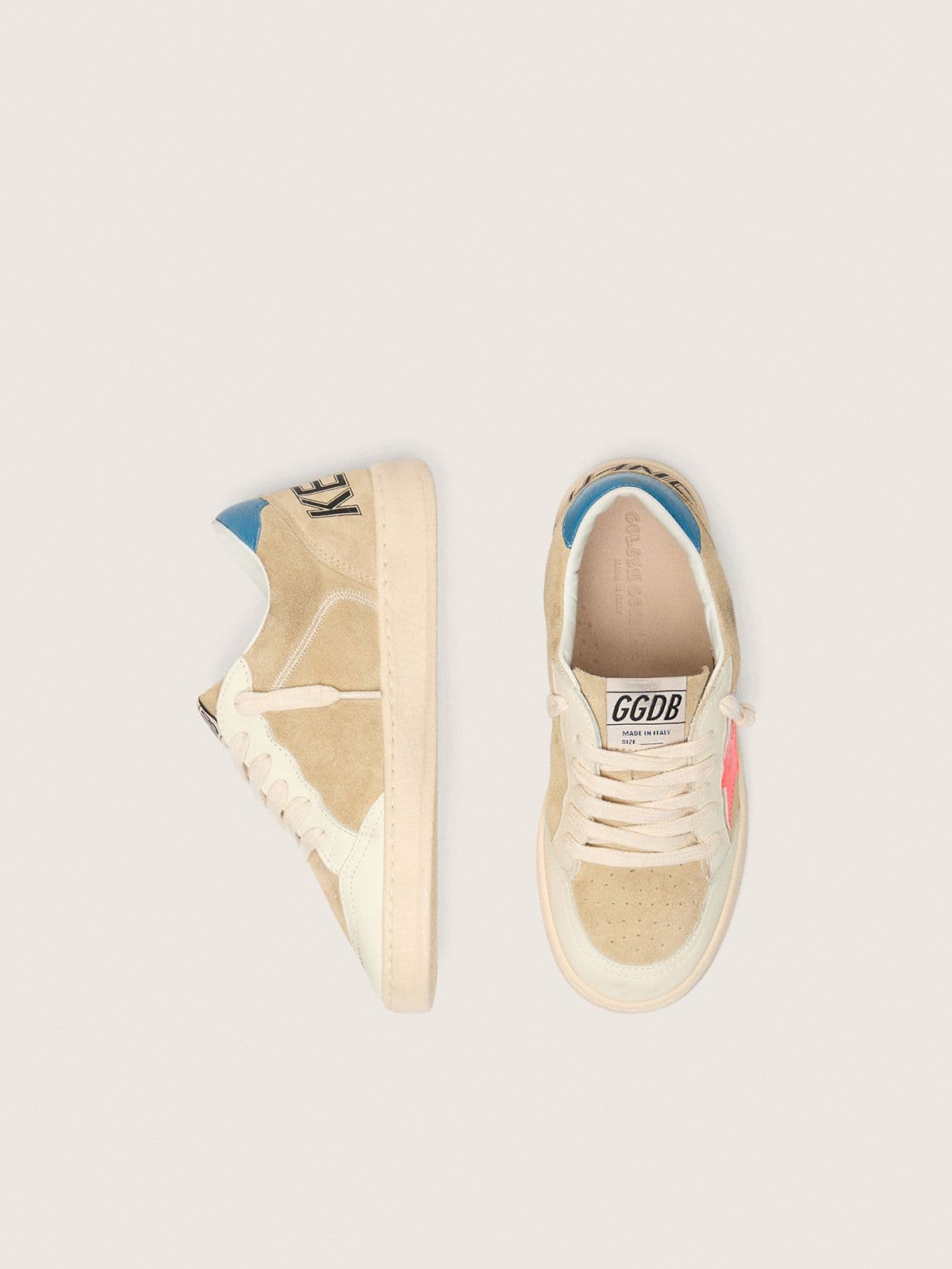 Ball Star Junior in beige suede with red star and light blue heel tab