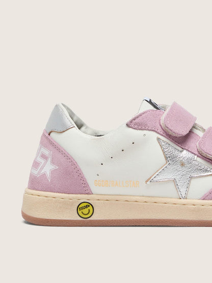 Junior Ball Star in white leather with metallic silver leather star and lilac suede inserts