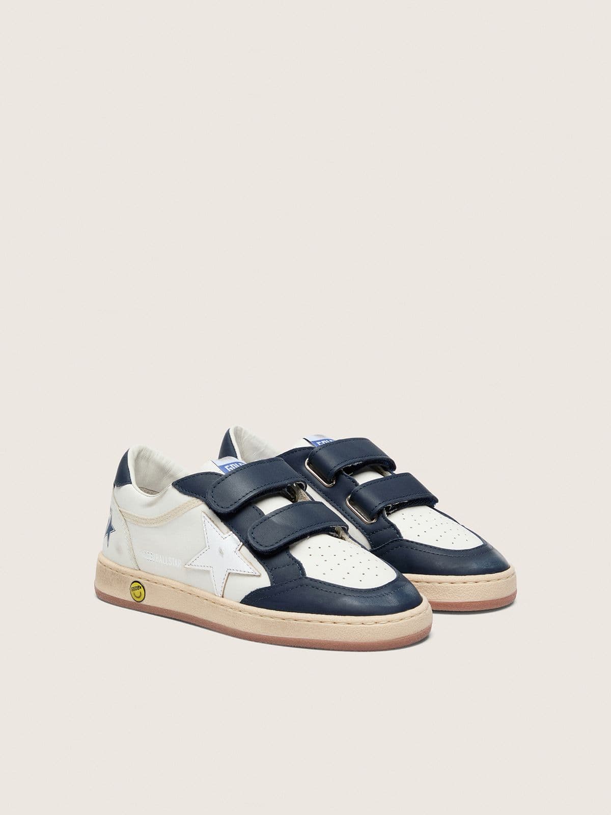 Junior Ball Star in white leather with metallic silver leather star and dark blue leather inserts