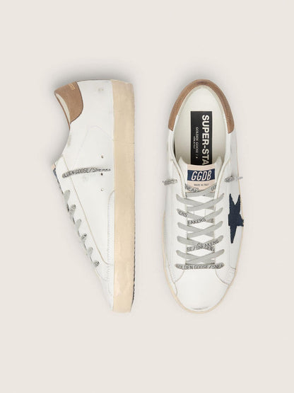 Men's Super-Star in white leather with midnight-blue canvas star and tobacco leather heel tab