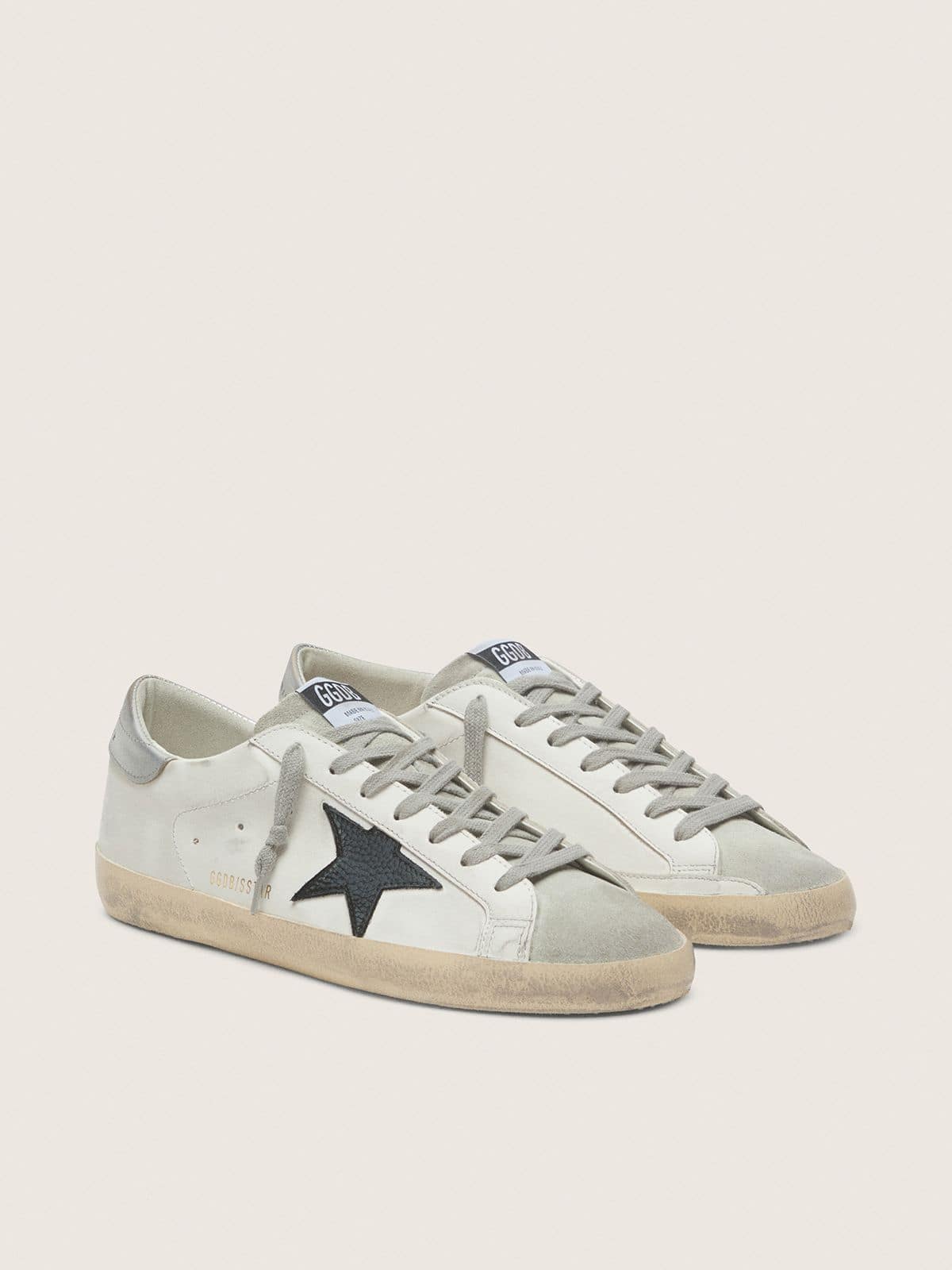 Men's Super-Star in white leather with black nubuck star and silver metallic leather heel tab