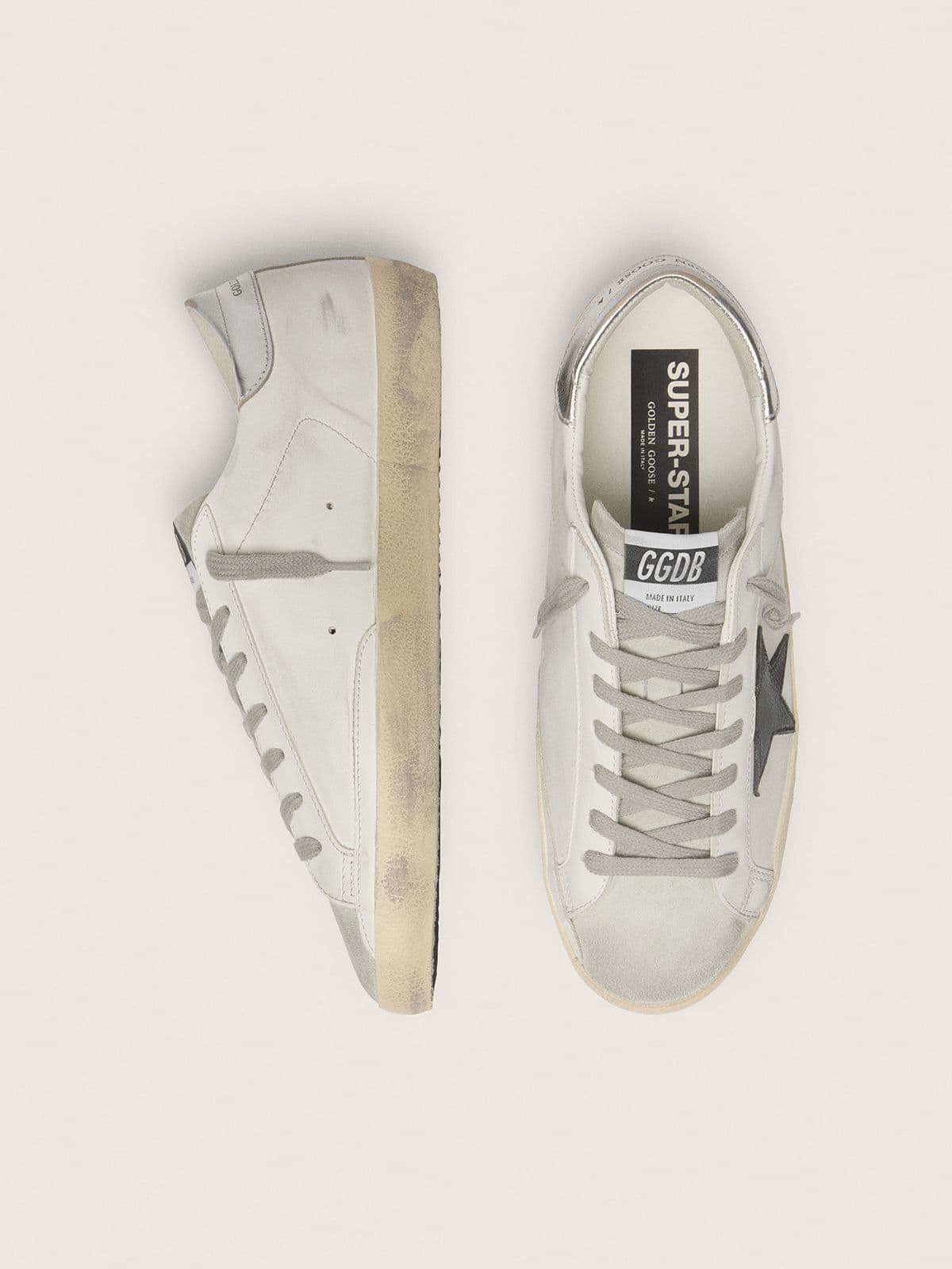 Men's Super-Star in white leather with black nubuck star and silver metallic leather heel tab