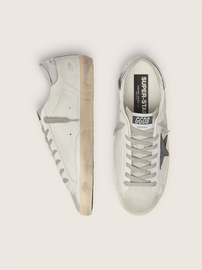 Men's Super-Star in white leather with black nubuck star and silver metallic leather heel tab