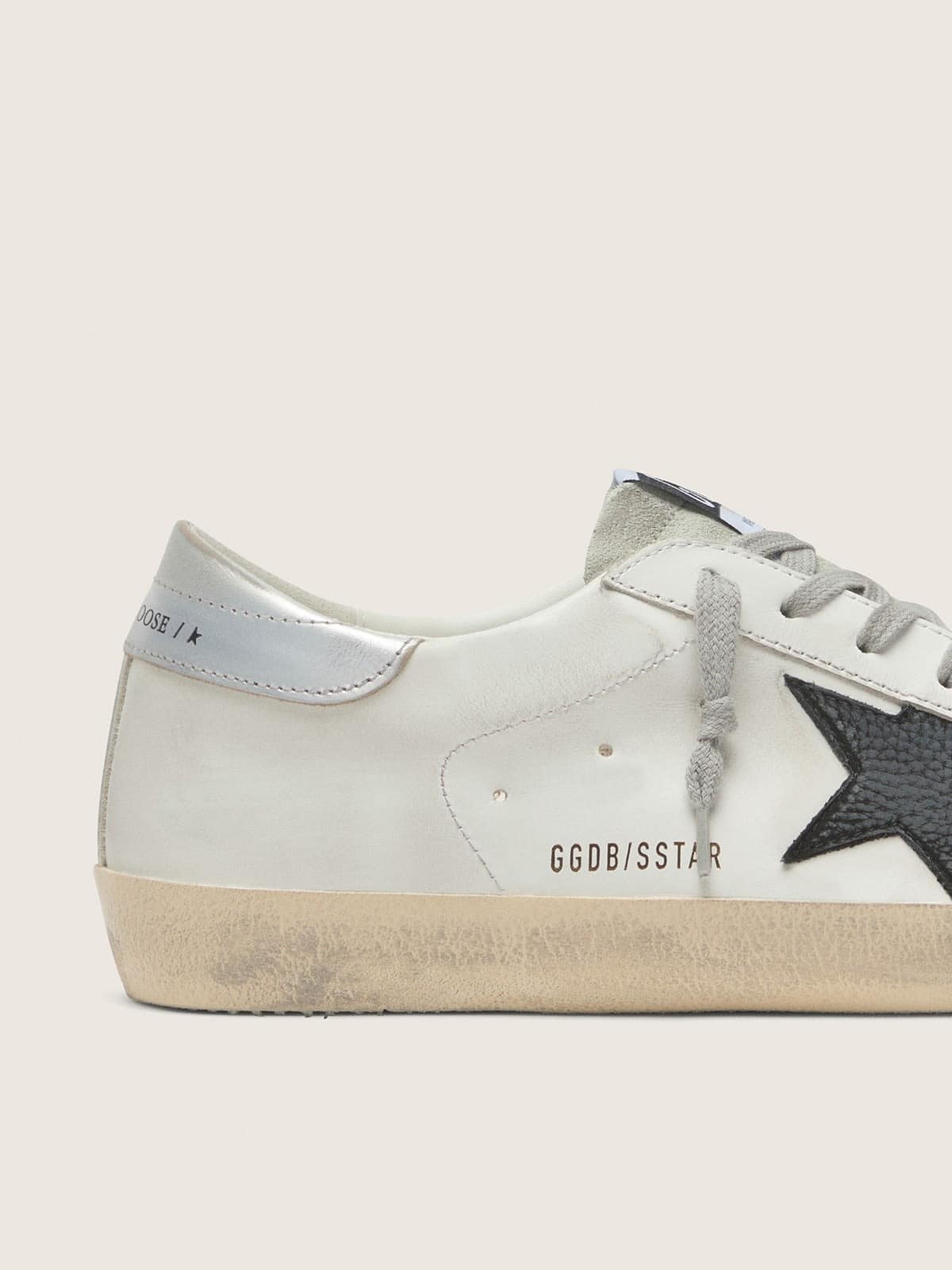 Men's Super-Star in white leather with black nubuck star and silver metallic leather heel tab
