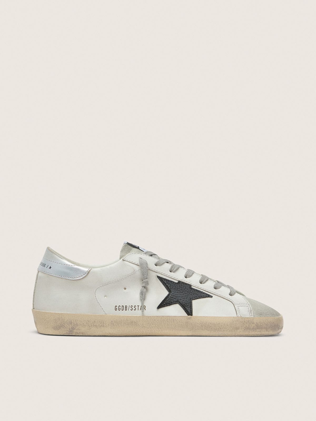Men's Super-Star in white leather with black nubuck star and silver metallic leather heel tab