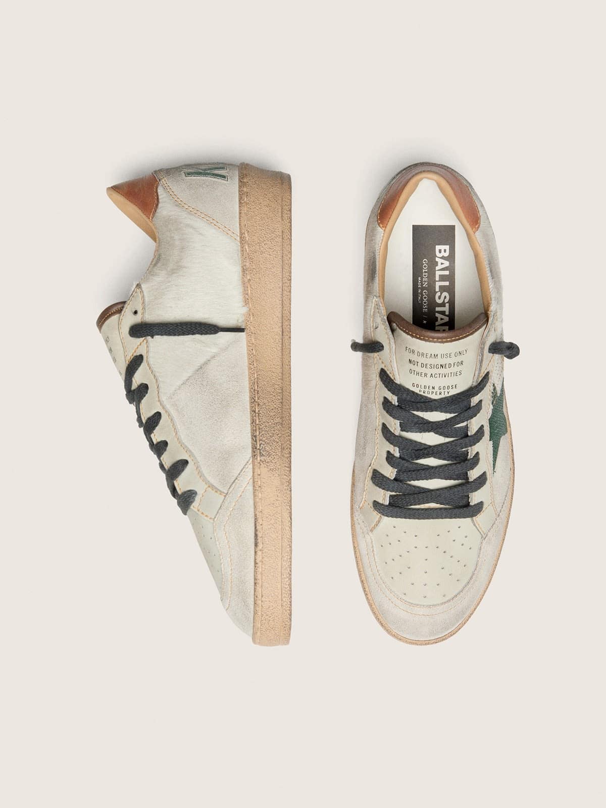 Men’s Ball Star LTD in white pony skin and gray suede with green star