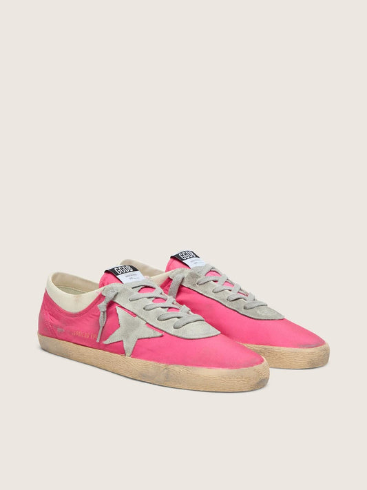 Men’s Super-Star in neon pink nylon with light gray suede star