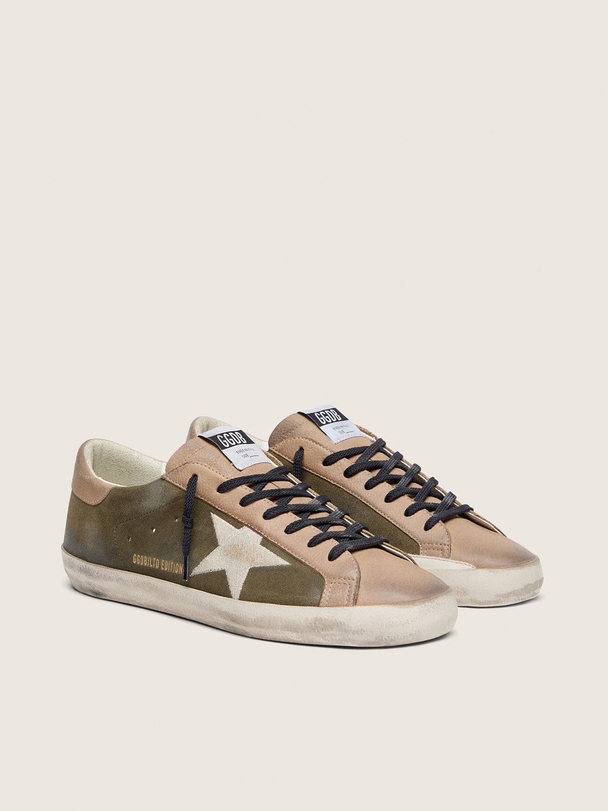 Men’s Super-Star LTD in olive-green suede with cream embroidered star