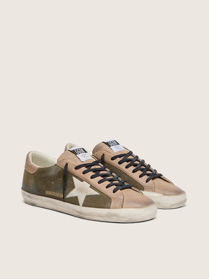Men’s Super-Star LTD in olive-green suede with cream embroidered star