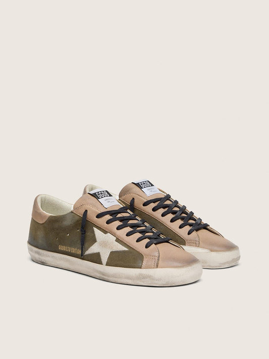 Men’s Super-Star LTD in olive-green suede with cream embroidered star