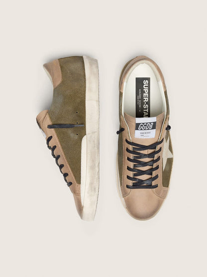 Men’s Super-Star LTD in olive-green suede with cream embroidered star