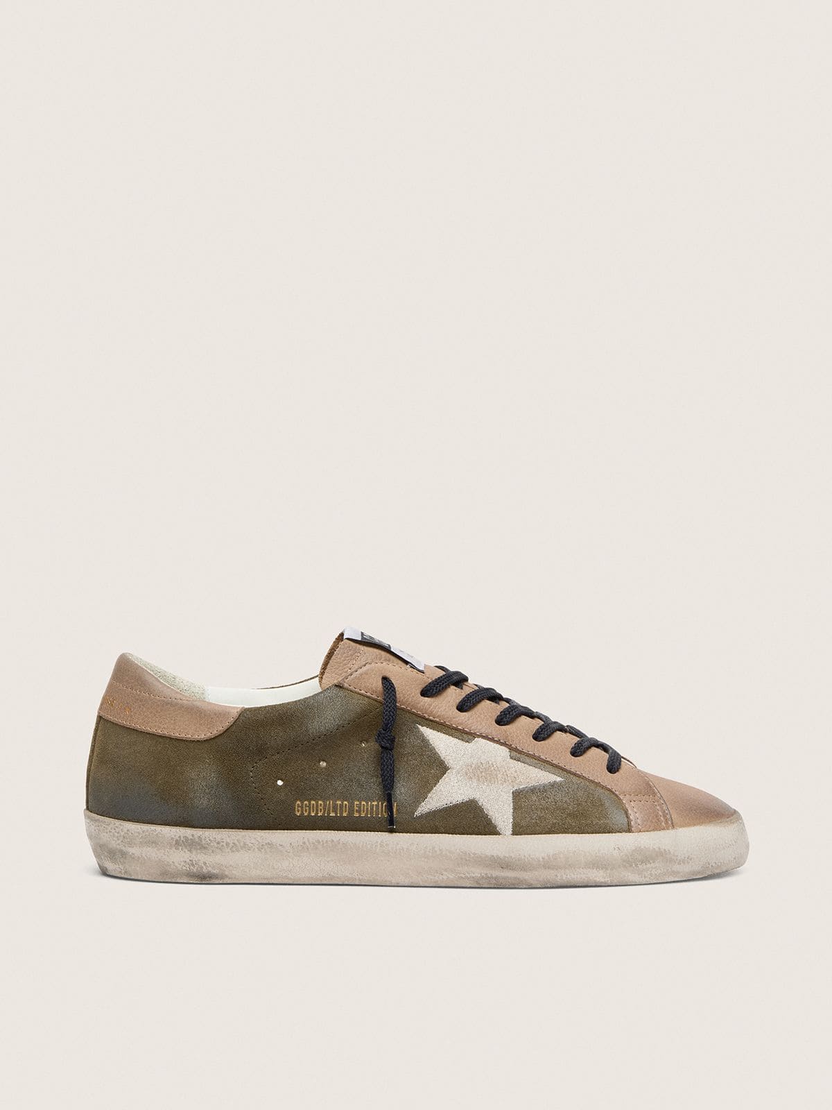 Men’s Super-Star LTD in olive-green suede with cream embroidered star