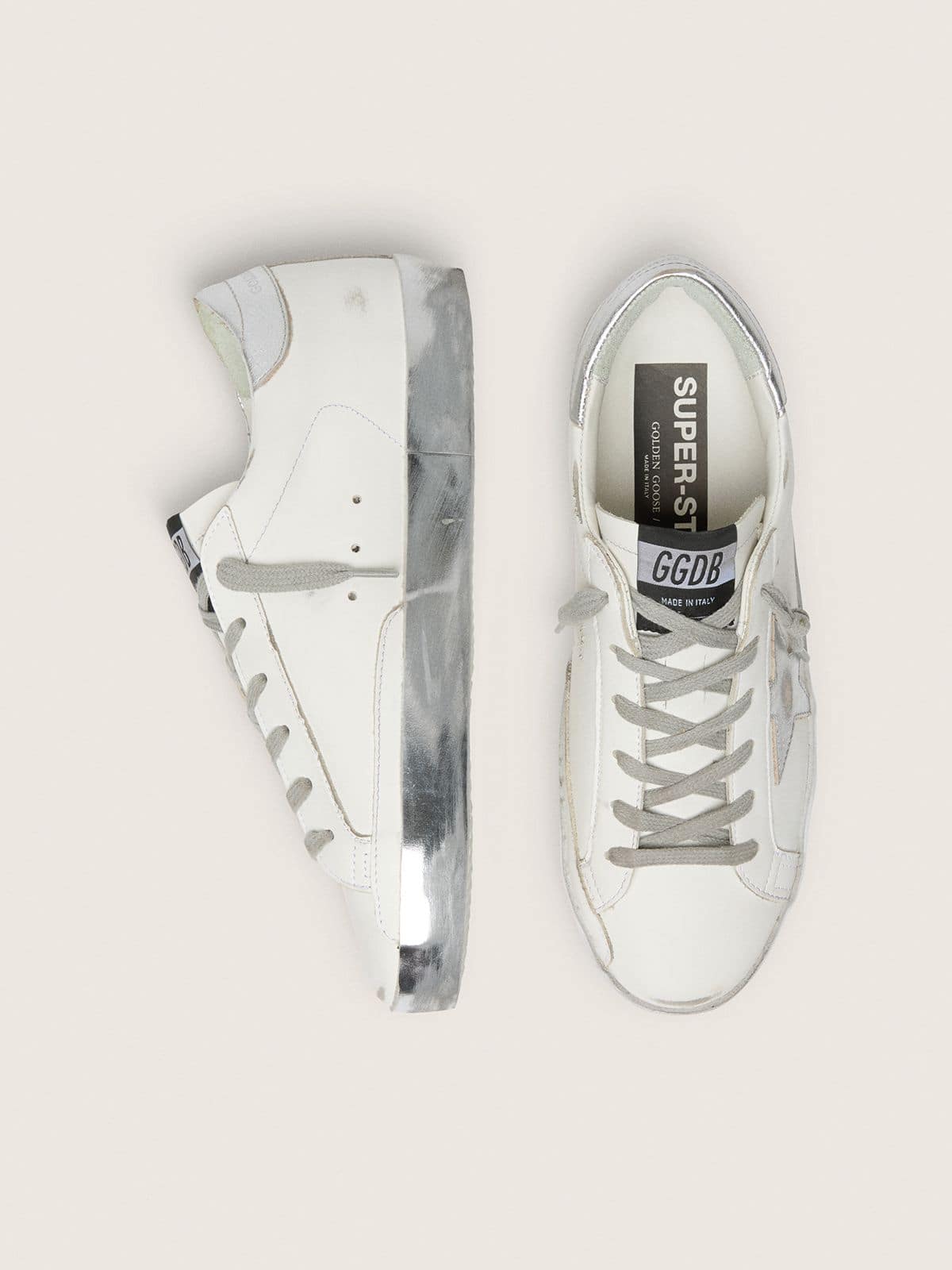 Women's Super-Star with silver sparkle foxing and metal stud lettering