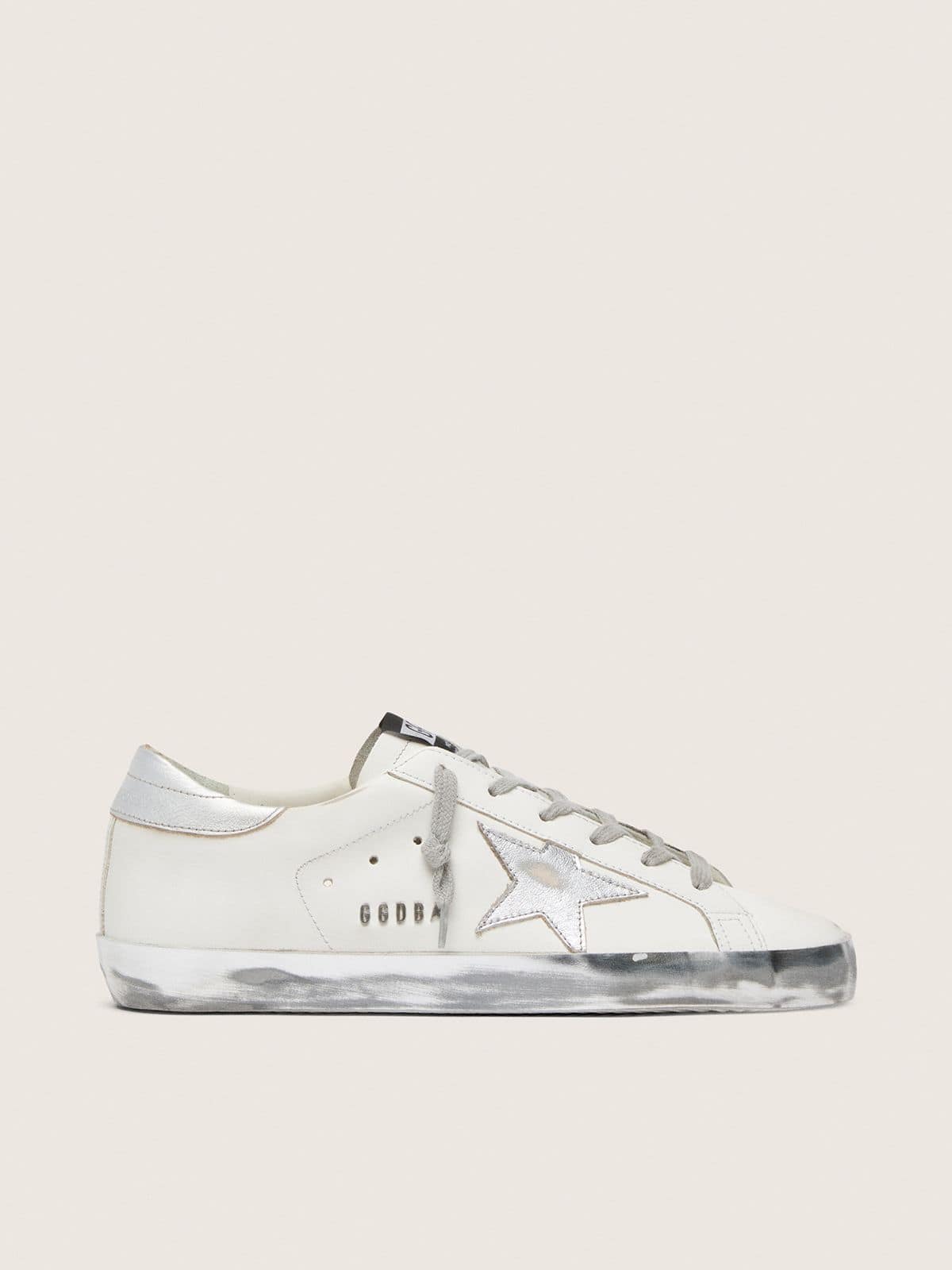 Women's Super-Star with silver sparkle foxing and metal stud lettering