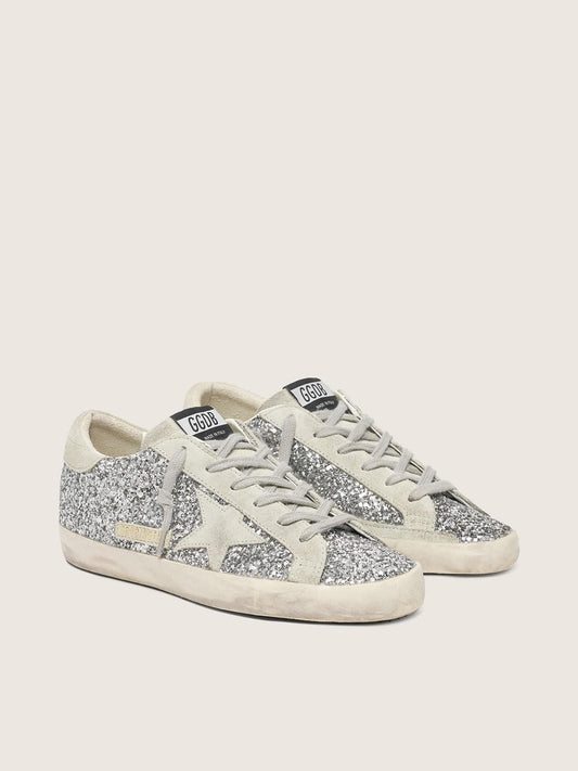 Women's Super-Star in silver glitter with ice-gray suede star