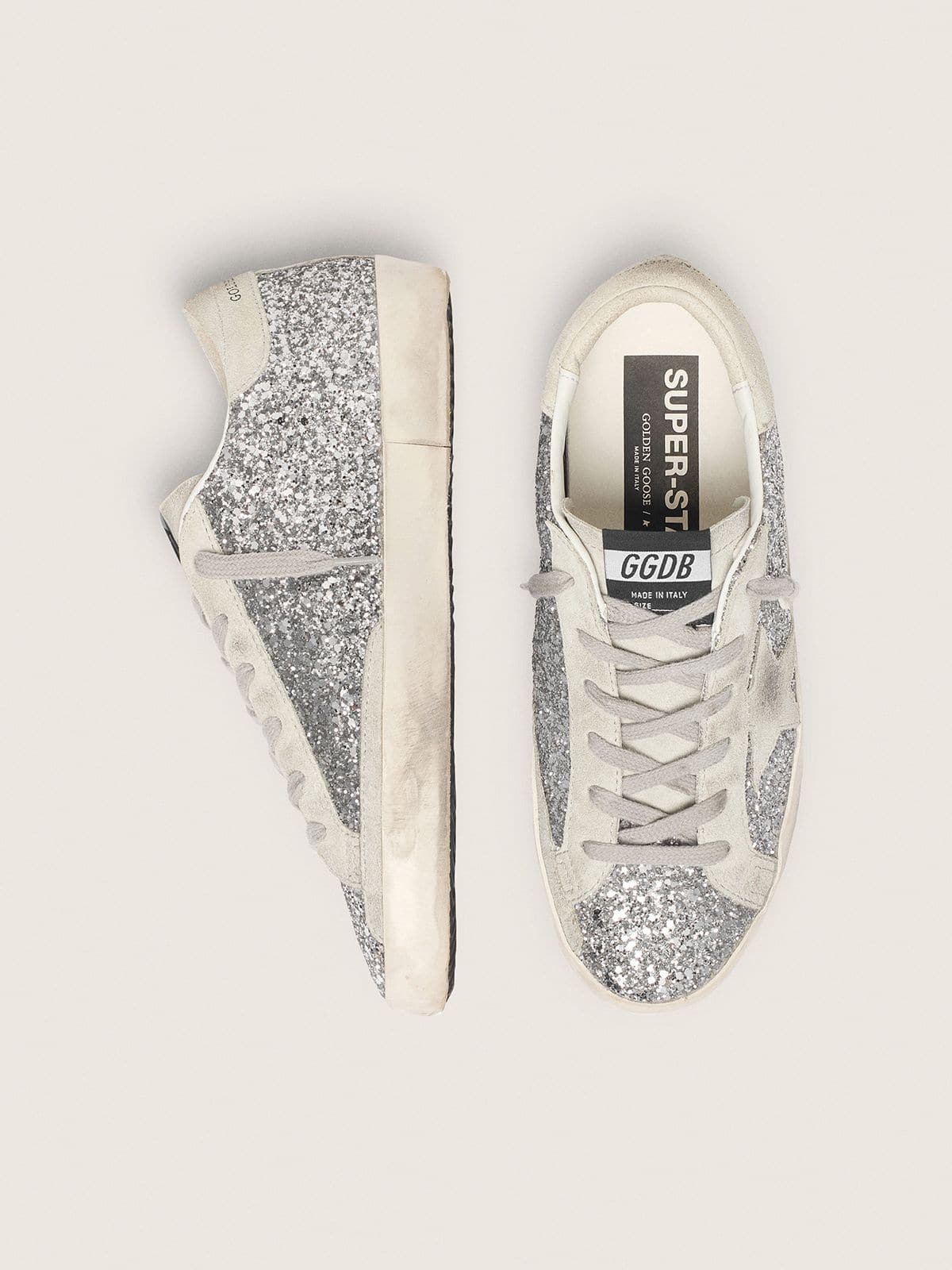 Women's Super-Star in silver glitter with ice-gray suede star