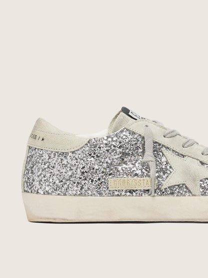 Women's Super-Star in silver glitter with ice-gray suede star