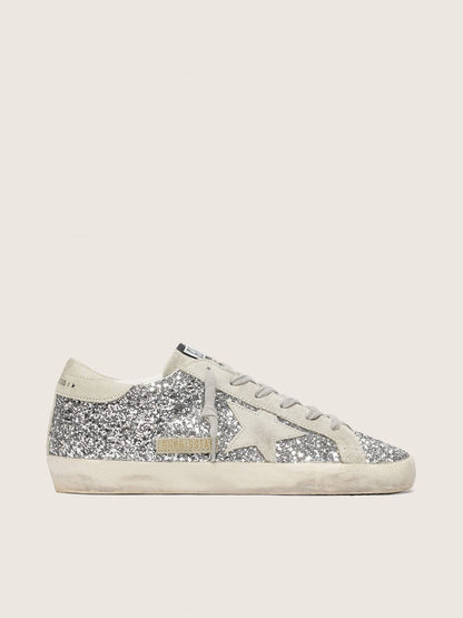 Women's Super-Star in silver glitter with ice-gray suede star