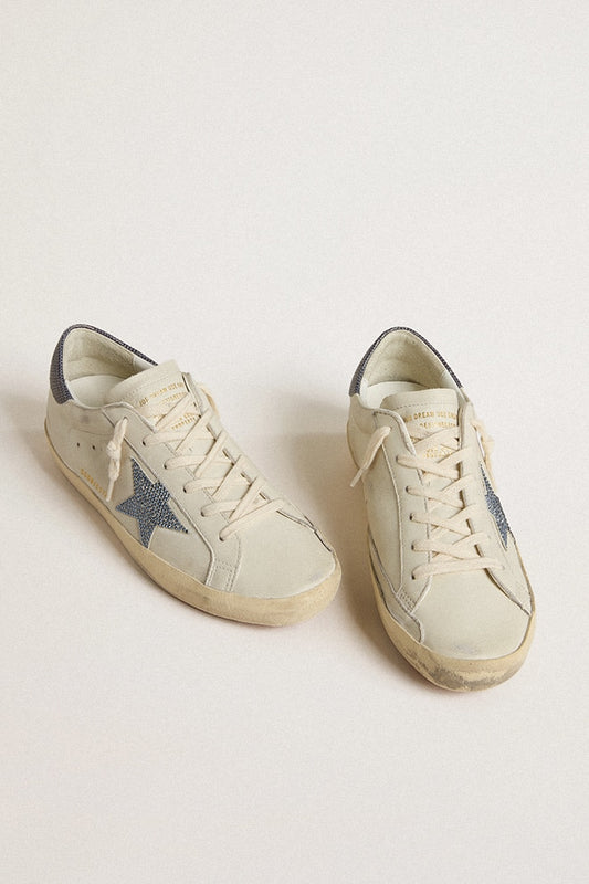 Super-Star  with cream-colored leather star with Swarovski crystals and blue leather heel tab with l