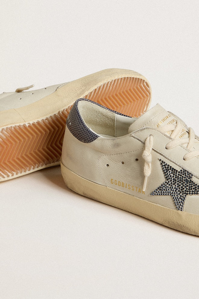 Super-Star  with cream-colored leather star with Swarovski crystals and blue leather heel tab with l