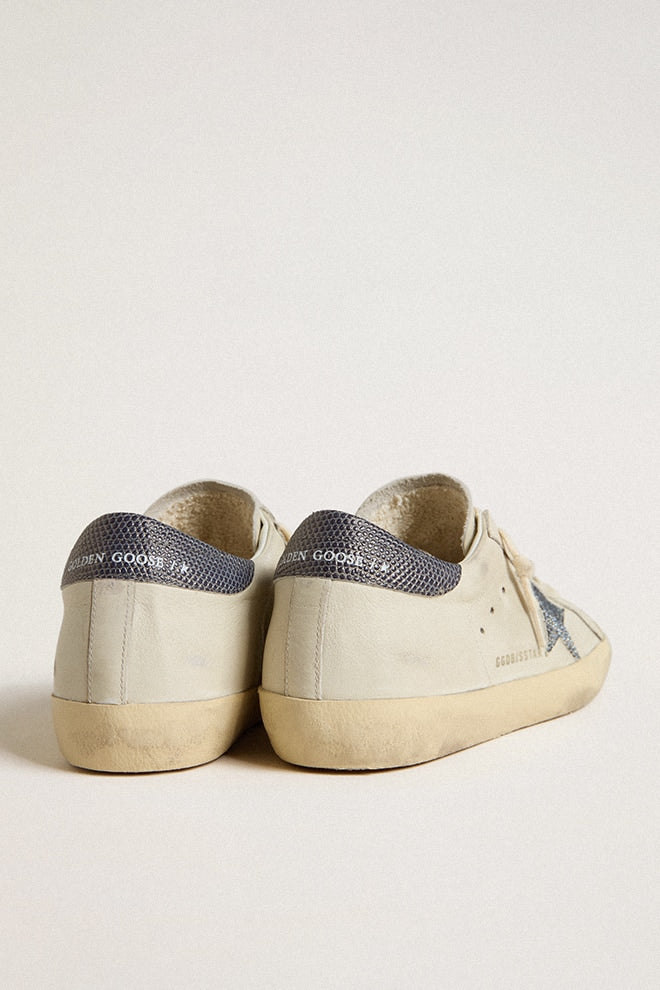 Super-Star  with cream-colored leather star with Swarovski crystals and blue leather heel tab with l