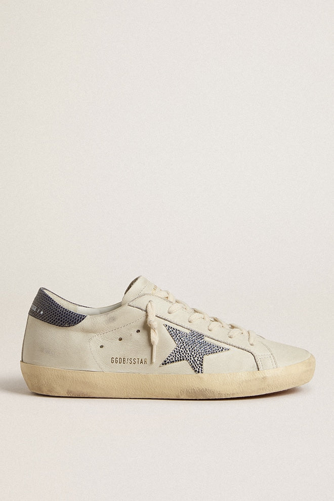 Super-Star  with cream-colored leather star with Swarovski crystals and blue leather heel tab with l