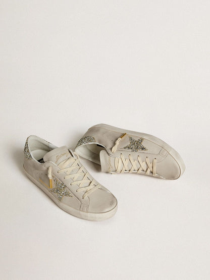 Women's Super-Star  in ivory nappa leather with platinum glitter star and heel tab