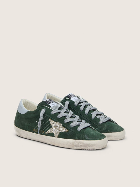 Women's Super-Star in green suede, silver glitter star and leather heel tab