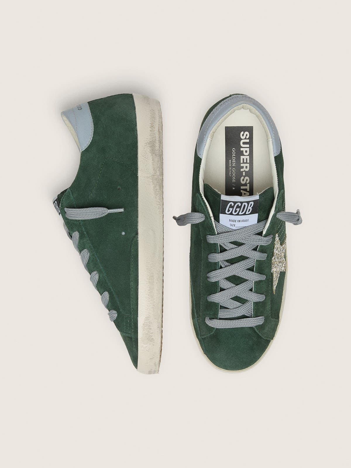 Women's Super-Star in green suede, silver glitter star and leather heel tab