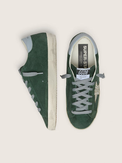 Women's Super-Star in green suede, silver glitter star and leather heel tab
